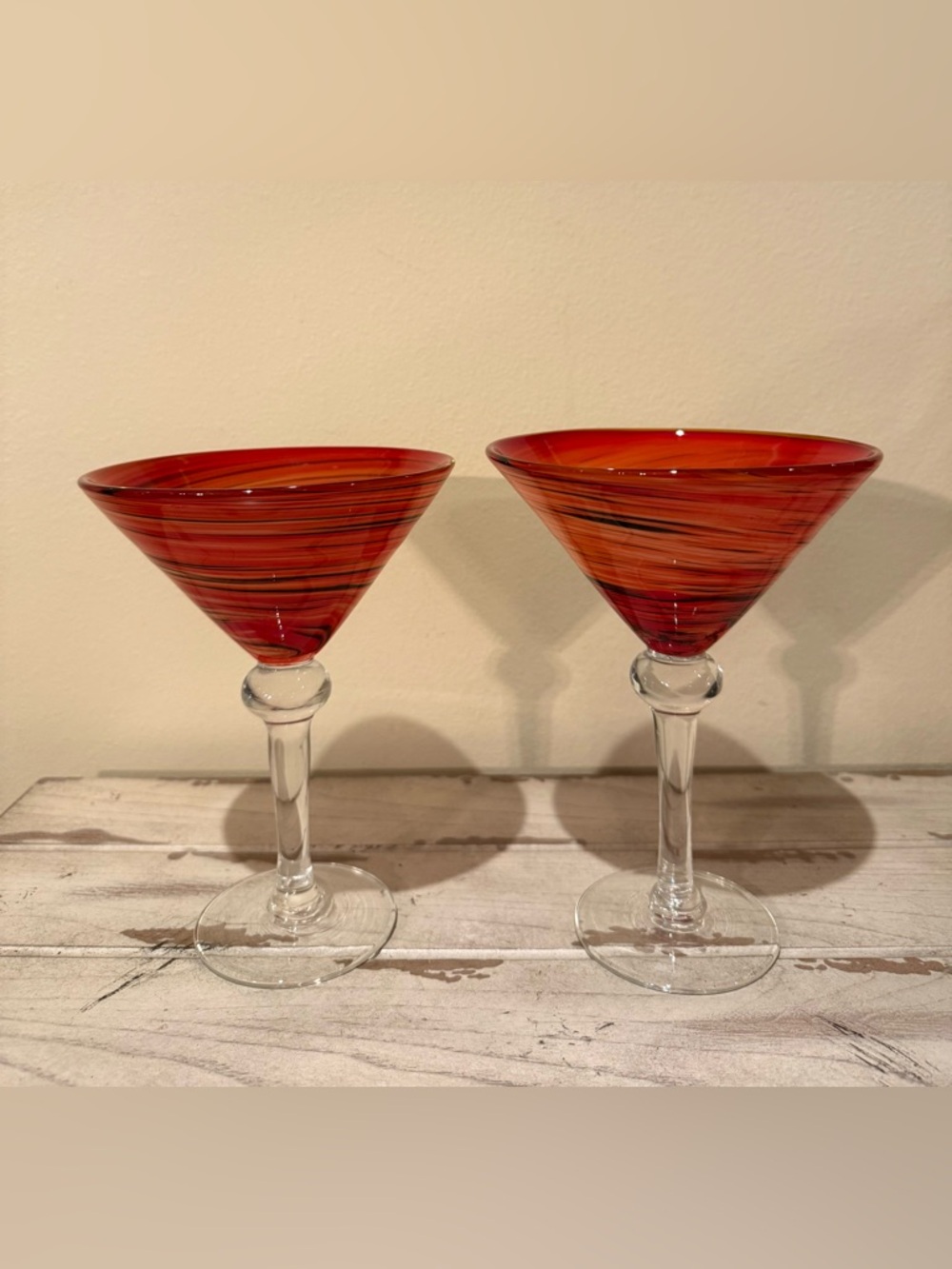 Vintage Handblown Red Swirl Glass Martini Set - Red Orange & Black Swirl
